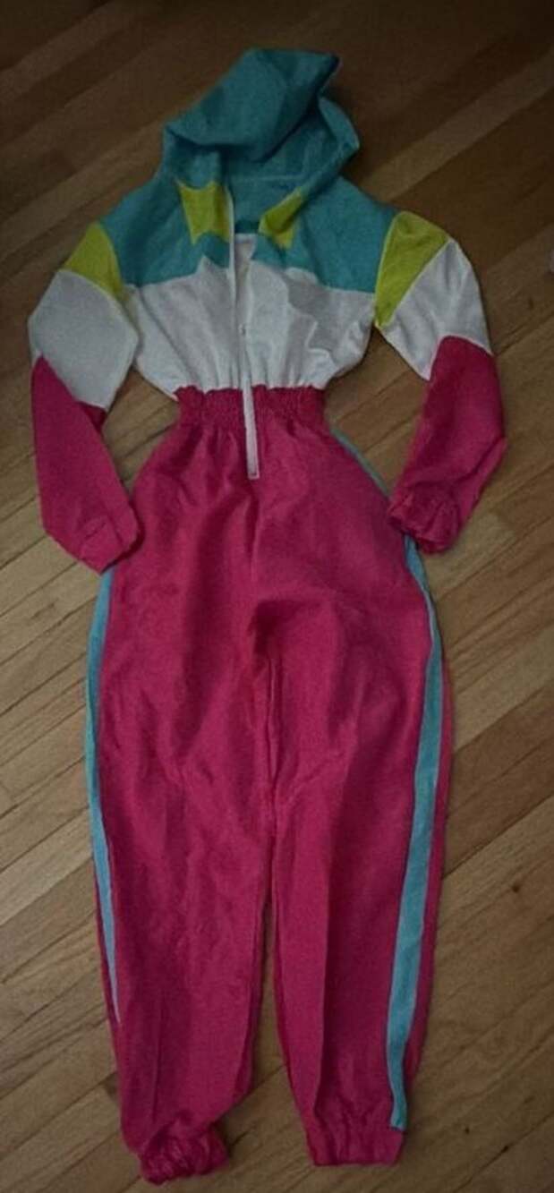 Retro 80s Colorblock Windbreaker Hooded One-Piece Tracksuit Jumpsuit S/M
